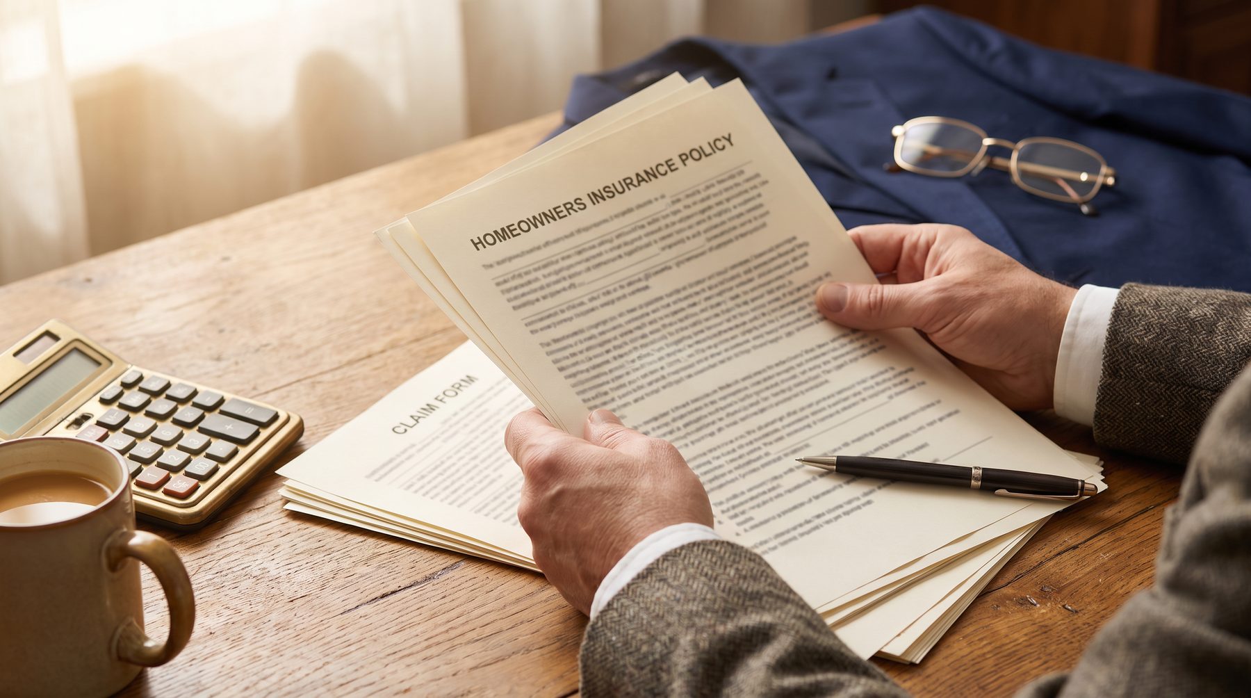 Reviewing a homeowners insurance policy and claim paperwork
