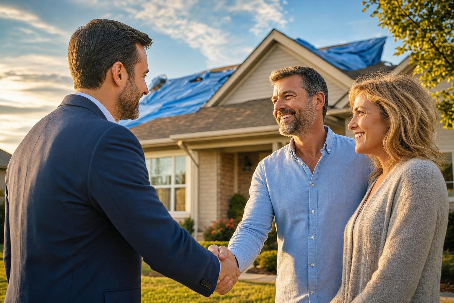 An Insurance Help public adjuster shaking hands with a homeowner couple in front of their storm-damaged home