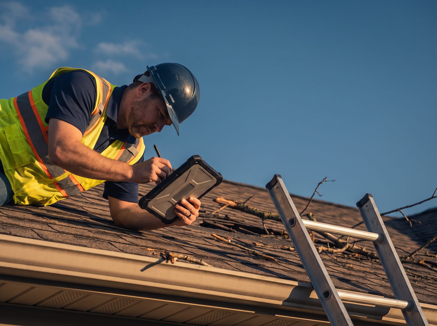 Public adjuster inspecting storm damage on a residential roof