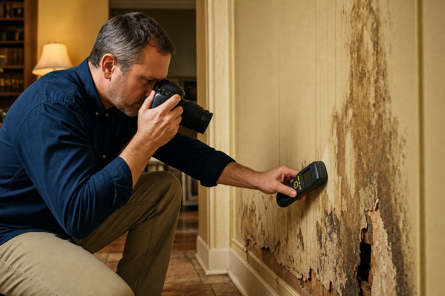 Insurance appraiser documenting interior water damage with a moisture meter and camera