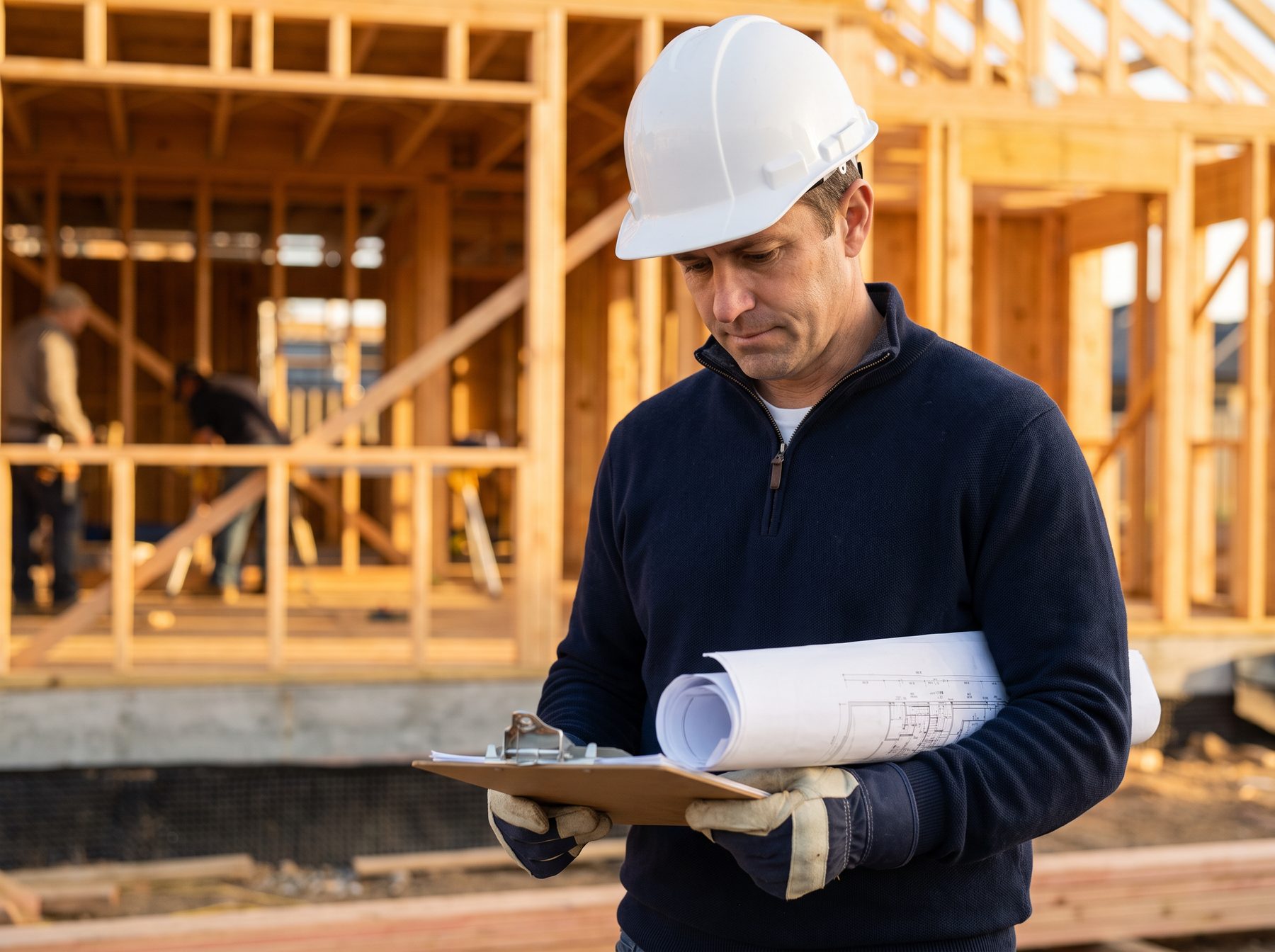 Building consultant reviewing blueprints at a residential construction site